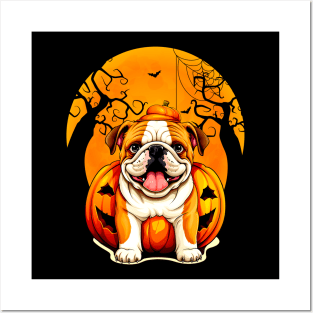 English Bulldog Halloween Hug Pumpkin, Funny Scary Halloween Moon Tshirt Posters and Art